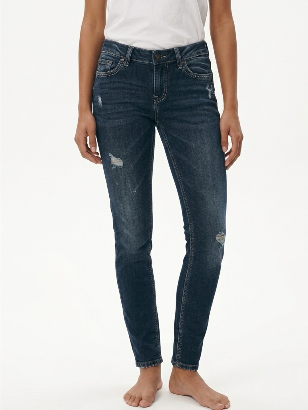 Silver Suka Joga Stylish Pockets Distressed Dark Blue Skinny Jeans size 28